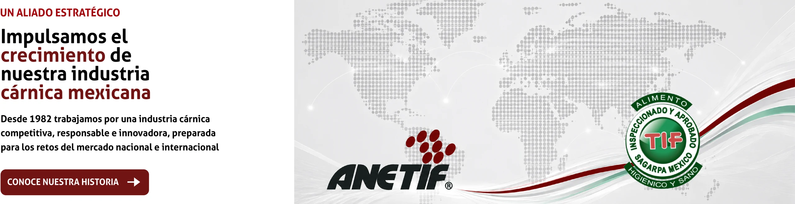 Un aliado estratégico. Impulsamos el crecimiento de nuestra industria cárnica mexicana. Desde 1982 trabajamos por una industria cárnica competitiva, responsable e innovadora, preparada para los retos del mercado nacional e internacional. ANETIF y Sello TIF frente al mapa del mundo.